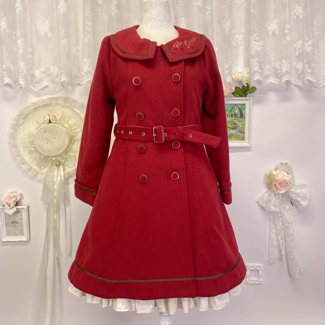 Amavel felt flared lolita dark red pea coat with collar and belt 1845