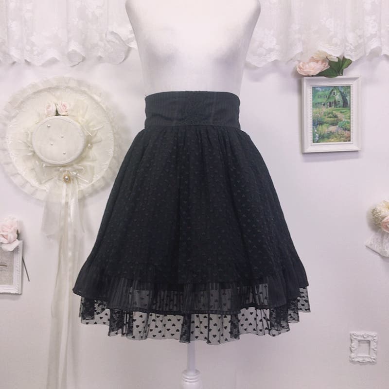 Axes Femme black layered skirt w/ heart lace overlay 1940