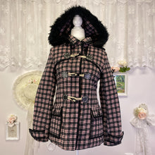 Load image into Gallery viewer, liz lisa doll agejo gyaru plaid pink and black fur pea coat jacket hoodie 1867
