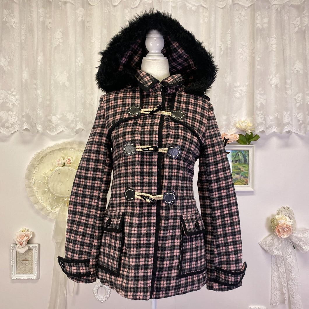 liz lisa doll agejo gyaru plaid pink and black fur pea coat jacket hoodie 1867