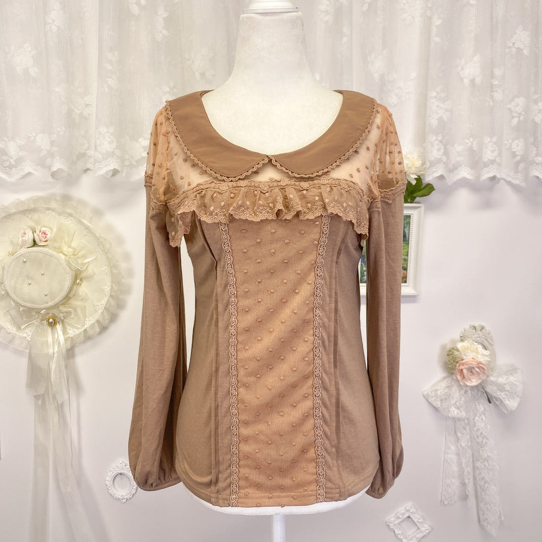 liz lisa lace knit collar brown tan blouse 1861