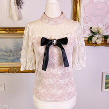 Load image into Gallery viewer, ank rouge sheer lace blouse with cameo black bow pin 1755
