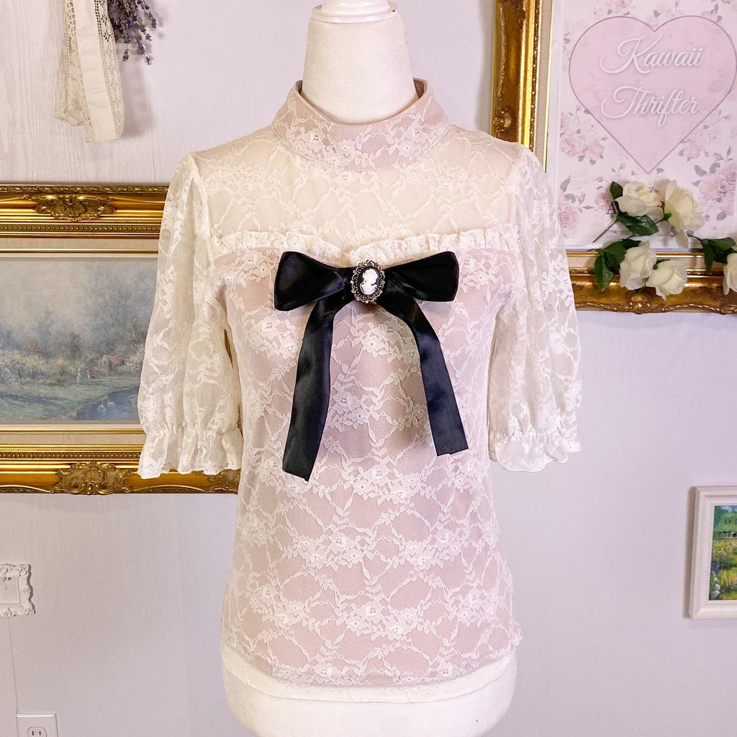 ank rouge sheer lace blouse with cameo black bow pin 1755