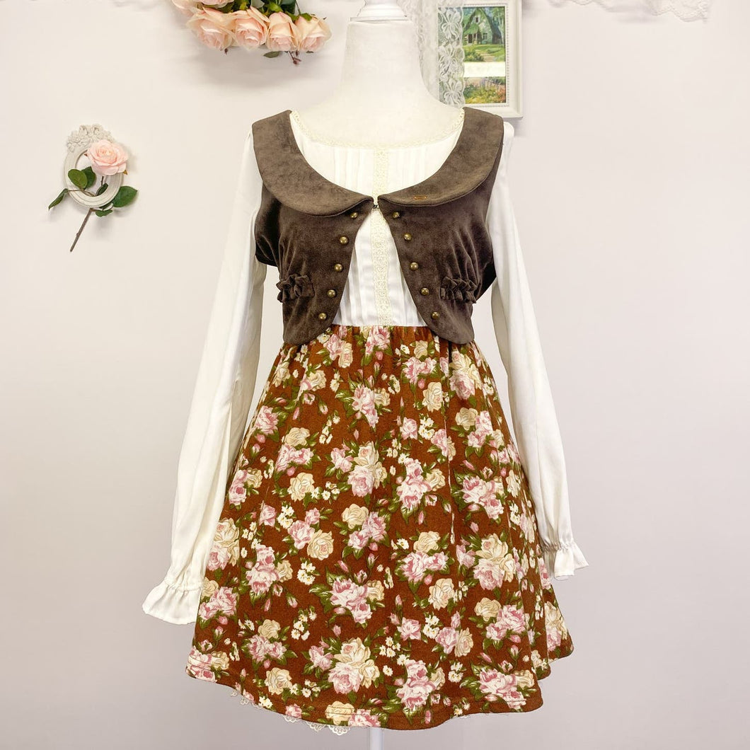 ank rouge cottage core faux 3-piece brown vest floral dress 1857
