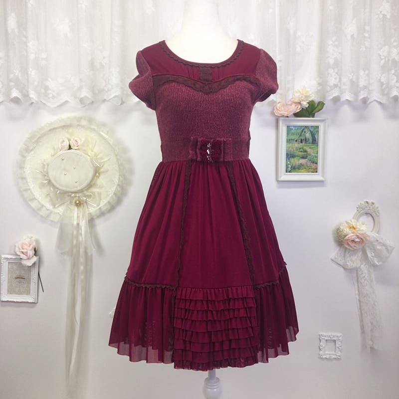 Axes Femme burgundy dress with lace trim and ruffles 1949