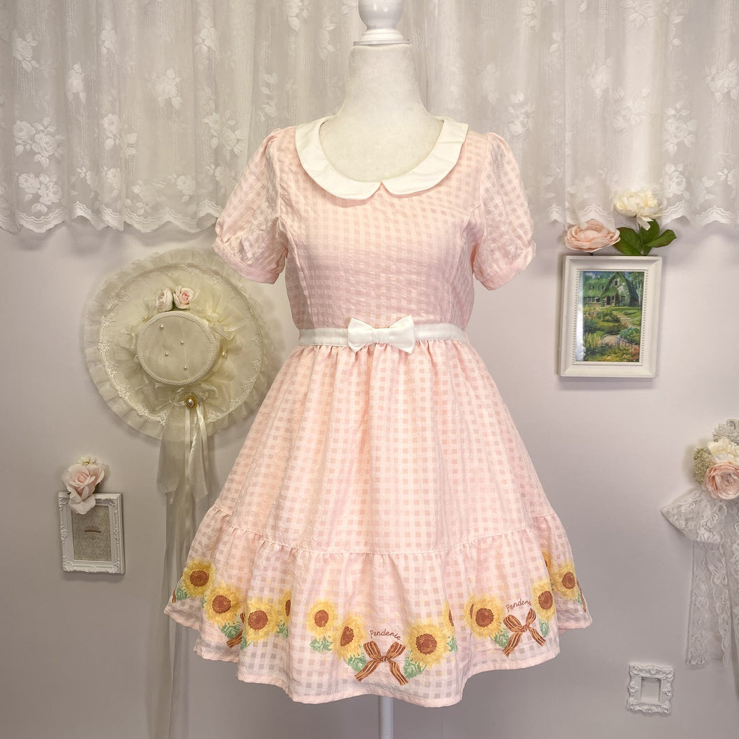 Penderie sunflower gingham plaid collar casual lolita pink and white dress 1885
