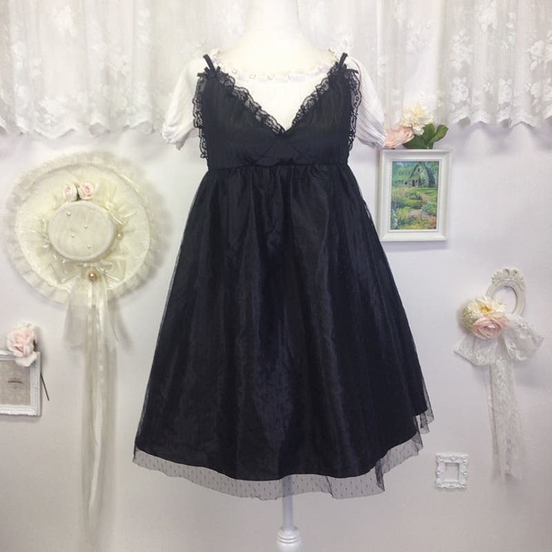 Ank Rouge black baby doll dress with attached white blouse 1987