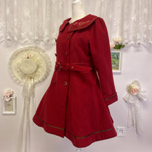 Load image into Gallery viewer, Amavel felt flared lolita dark red pea coat with collar and belt 1845
