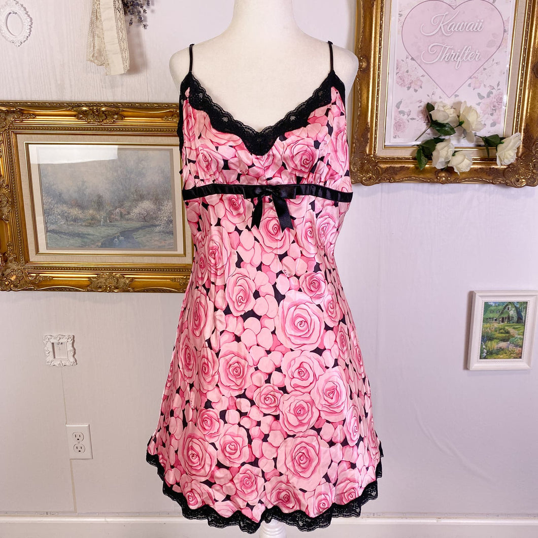 real satin floral rose gyaru pink & blank cami slip nightgown dress XL 1745