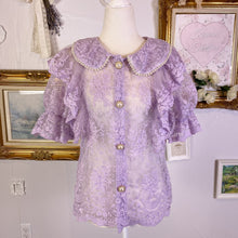 Load image into Gallery viewer, lavender lace sheer larme blouse with pearl collar 1684
