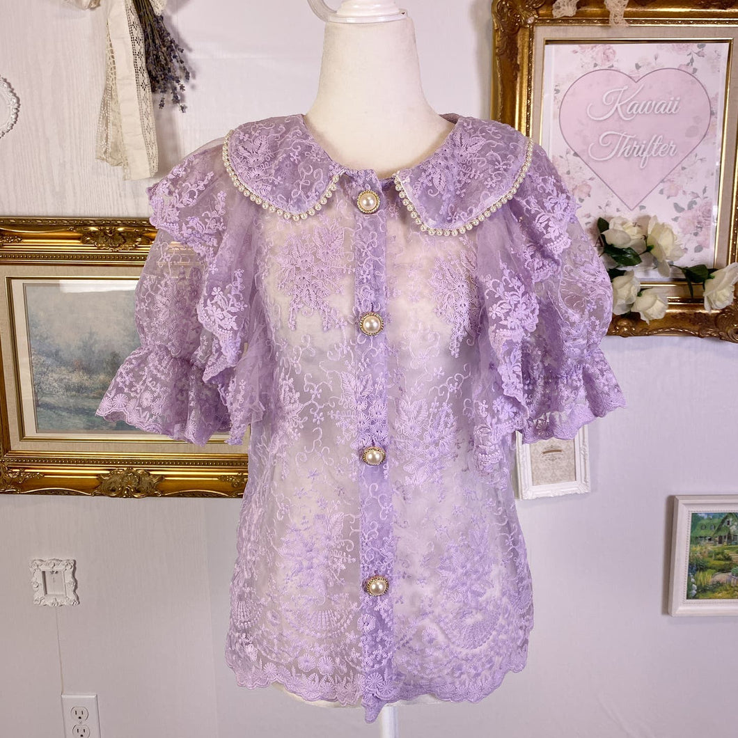 lavender lace sheer larme blouse with pearl collar 1684