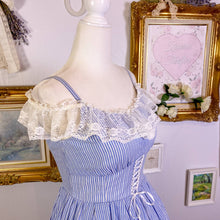 Load image into Gallery viewer, Secret honey off shoulder striped blue drape dress size 2 1702
