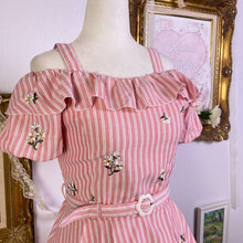 Load image into Gallery viewer, secret honey floral embroidered striped dress with belt
