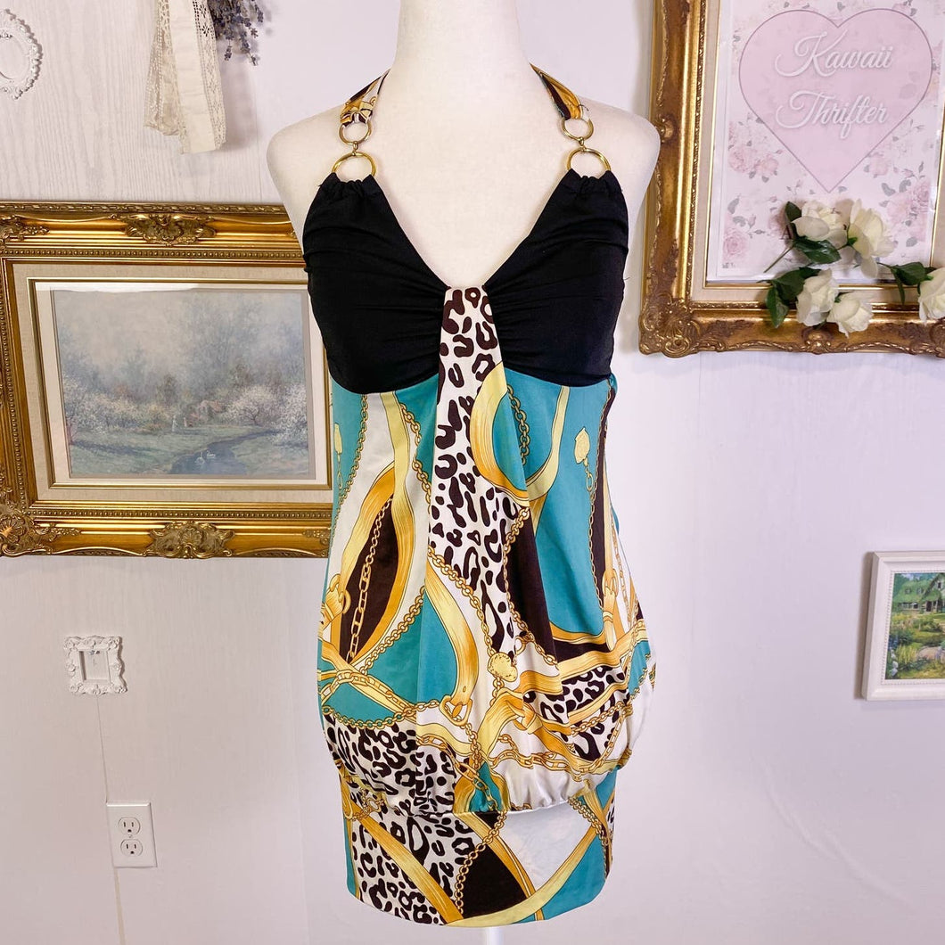 Stella gyaru y2k halter chain dress with leopard cheetah print 1703