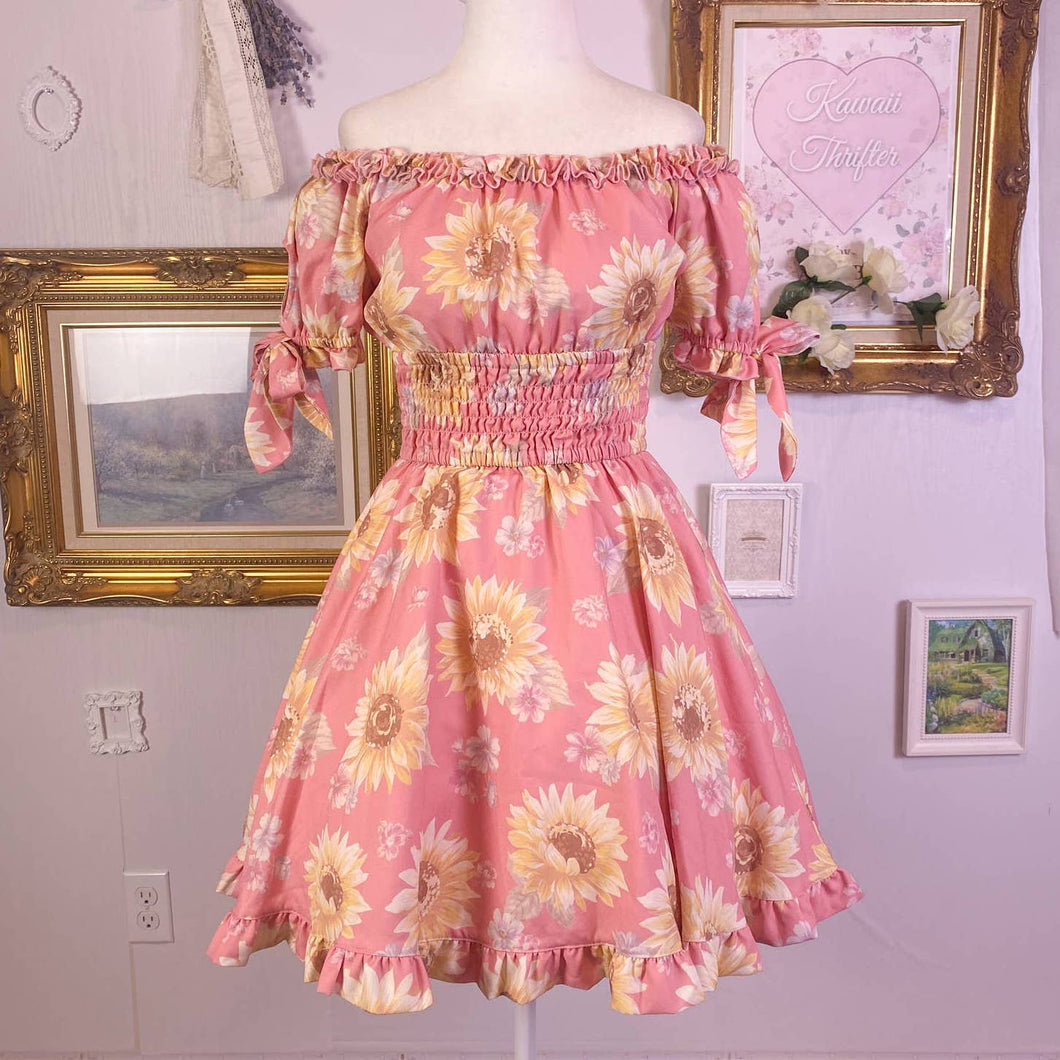 liz lisa sunflower poof sleeve shirred dress in pink 1672